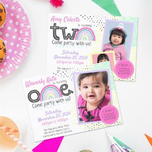 Rainbow Baby 1st Birthday Kawaii Doodles Photo Invitation