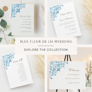 Regency French Blue Fleur de Lis Pattern Wedding  Table Number