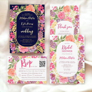 Bohemian bright floral arch script navy wedding