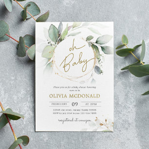 Oh Baby Greenery Gold Foliage Eucalyptus Invitatio Invitation