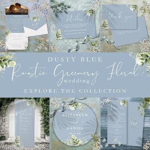 Dusty Blue Greenery Leaves Monogram Wedding Invitation