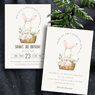 Blush Bunny In Floral Basket Kids Photo Birthday Invitation