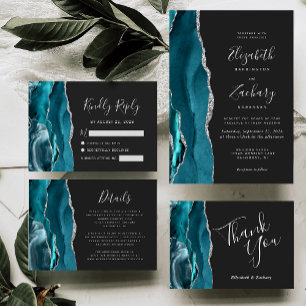 Modern Teal Silver Agate Dark Wedding Invitation