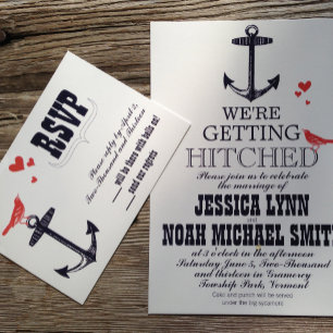 Vintage Modern Coral Whales Navy Nautical Wedding Invitation