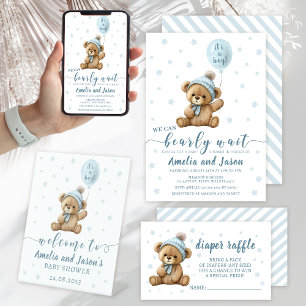 Teddy bear balloon boy baby shower invitation card