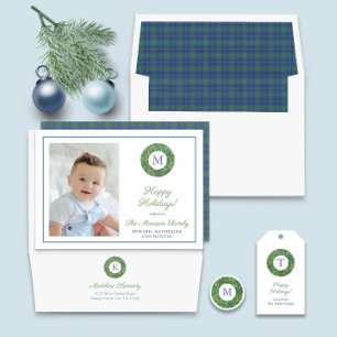Chic Boxwood Wreath Monogram Tartan Family Photo H Holiday Card