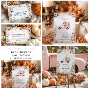 Little Pumpkin Pink Truck Fall Floral Baby Shower Thank You Card
