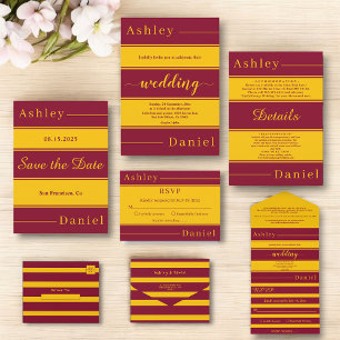 Elegant Burgundy And Gold Stripes Luxury Wedding Invitation