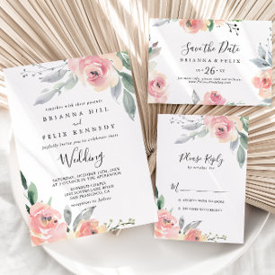 Elegant Pink Blush Floral Wedding Breakfast Invitation