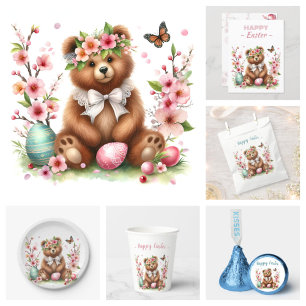Easter Eggs Watercolor Bear Cherry Blossoms Postcard