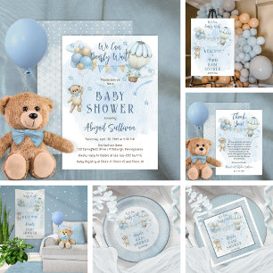 Teddy Bear Balloons Boy Bearly Wait Baby Shower Thank You Card