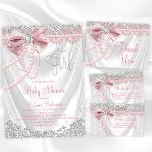 Elegant Blush Pink Diamond Pearl Girly Baby Shower Thank You Card