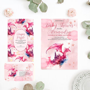 Whimsical Watercolor Pink Dragon Baby Shower  Invitation