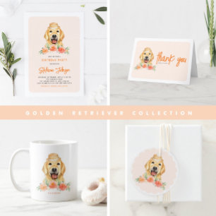 Cute Golden Retriever and Peach Flowers Birthday Napkin