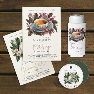 Stylish Burgundy Tea Party Floral Watercolor Name Seltzer Can Cooler