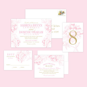 Elegant Pink and Gold Floral Peony Wedding Invitation