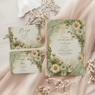 Dusty Pink Marguerite Daisy Wedding Art Nouveau All In One Invitation