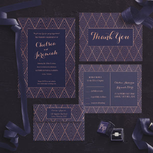 Navy Gold Art Deco Custom Wedding Invitation