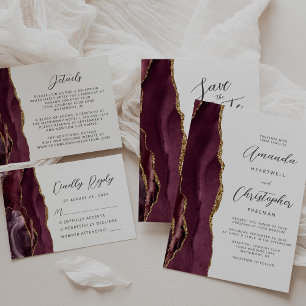 Modern Burgundy Gold Agate Script Wedding Invitation