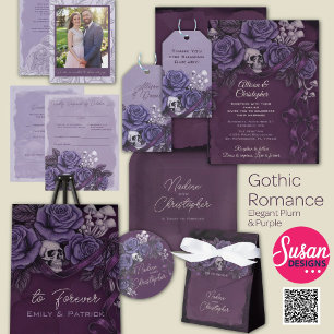 Gothic Wedding, Plum Skull & Roses Invitation