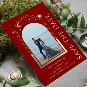 Mystical Dark Red Gold Sun Moon Stars Space Save The Date
