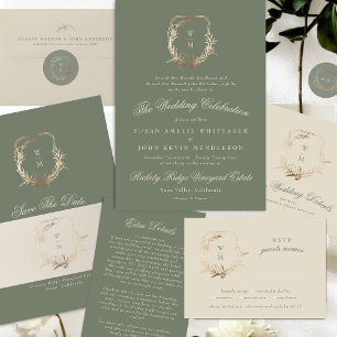 Classic Cream & Sage Monogram Gold Crest Wedding Invitation