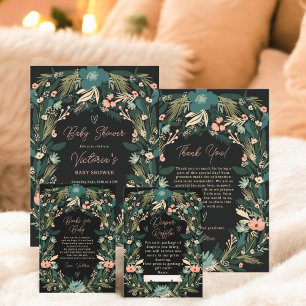 Whimsical Elegant Green Pink Floral Baby Shower Thank You Card