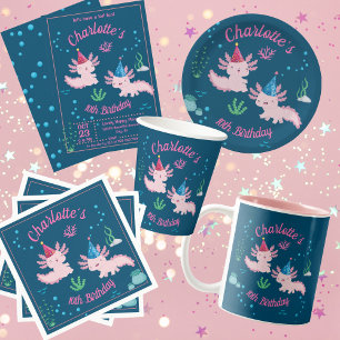 Cute Pink Axolotl Birthday Party Under the Sea Invitation