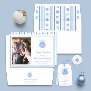 Regency Blue Christmas Bauble Bow Return Address Classic Round Sticker