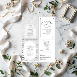 Elegant Vintage Lace Arch Monogram White Wedding Invitation