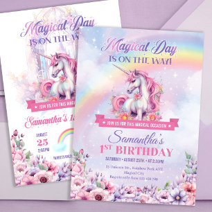 Pastel Pink Unicorn and Rainbows 1st Birthday Invitation