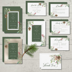 Winter Pine Cone Berries Green Wedding Invitation
