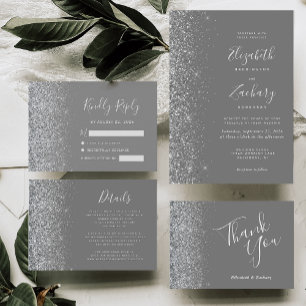 Modern Grey Silver Glitter Edge Wedding Invitation