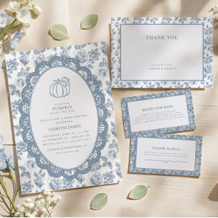 Little Pumpkin Blue Toile Baby Shower Invitation