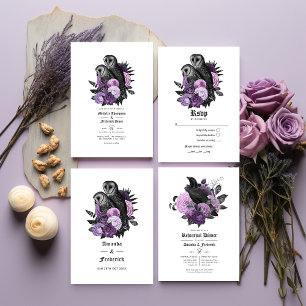Vintage Glam Purple Owls Gothic Wedding QR Code Invitation