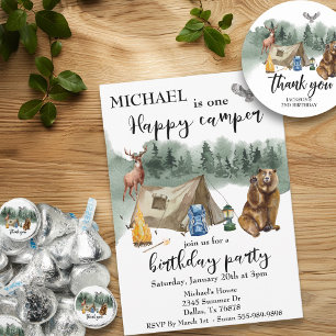 Happy Camper Bear Thank you Birthday Favour  Classic Round Sticker