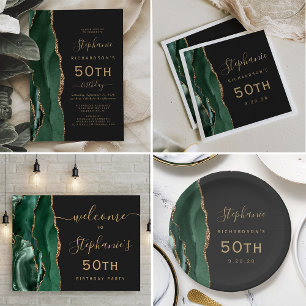 Emerald Green Gold Agate Dark 50th Birthday Party Invitation