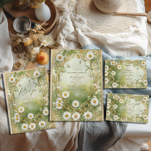 Daisies Art Nouveau Ivory Green Wedding RSVP Card