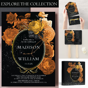 Elegant Wedding Black and Orange Floral  All In One Invitation