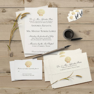 Vintage Neutral Colour Single Seashell Wedding Invitation