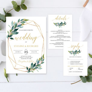 Gold hexagonal frame green eucalyptus wedding invitation