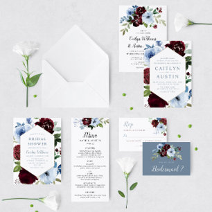 floral frame burgundy & dusty blue wedding invitation