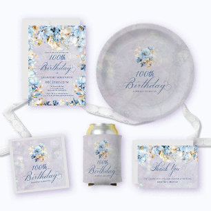 Blue White Watercolor Floral 100th Birthday  Paper Plate