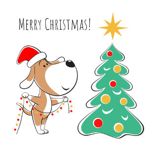 Merry Christmas Tree Cute Puppy Dog Santa Hat Holiday Card
