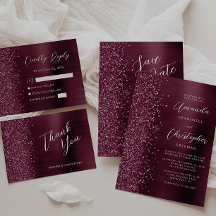 Glam Burgundy Brushed Metal Script Save the Date Announcement