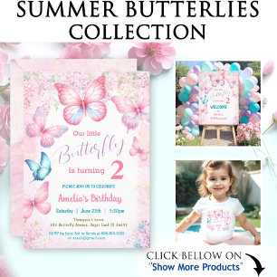 Pink Pastel Floral Summer Butterfly Girl Birthday Invitation