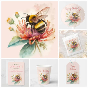 Summer Vibes Watercolor Bumblebee Happy Birthday Gift Tags
