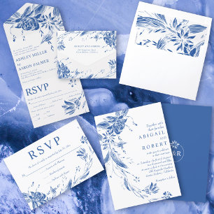 Blue, white line art flowers photo wedding Tri-Fold invitation