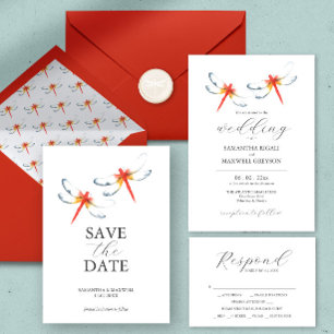 Watercolor Wedding Invitations Red Dragonflies