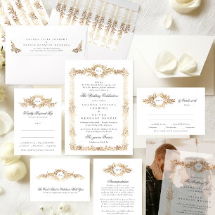 elegant gold botanical frame monogram wedding invitation